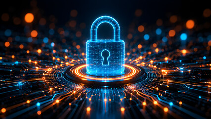 Cybersecurity digital padlock concept on glowing circuit board representing data protection privacy internet safety and network encryption technology