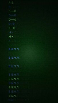 Abstract computer code interface screen displaying scrolling green text and binary sequences.