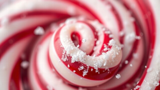 Red and white swirl candy close up with sugar