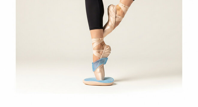 Ballet dancer's pointe shoe with protective metatarsal bridge and support pad on isolated light background