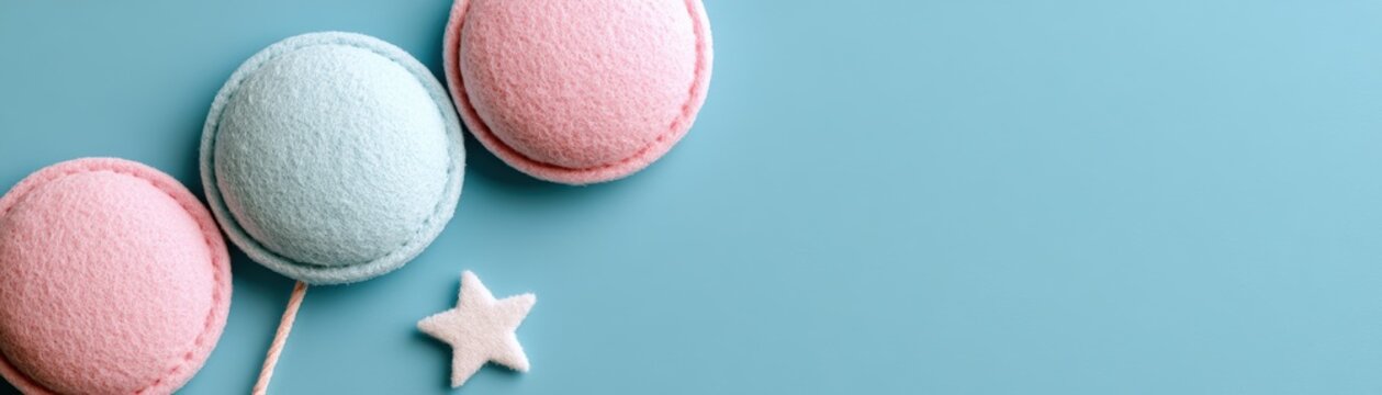 Colorful pink and blue macarons with a white star-shaped meringue on a blue background, kid celebration banner