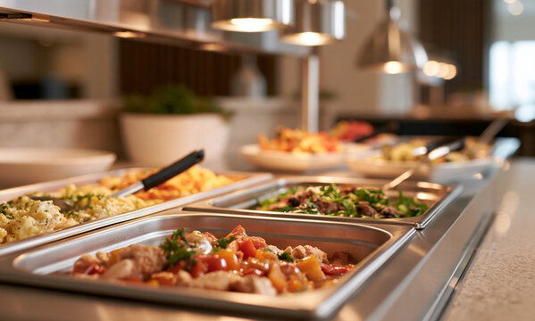  an upscale premium cafeteria food serving counter, elegant self-service dining area, stainless steel bain-marie food trays filled with beautifully prepared fresh dishes