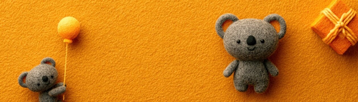 Two knitted koalas on an orange textured background, one holding a balloon and the other sitting next to a small wrapped gift, kid celebration banner
