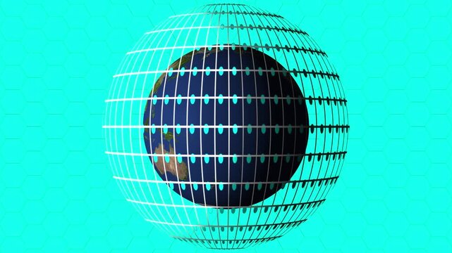 Abstract black sphere animation floats inside a white wireframe globe. Modern geometric vector shapes frame this black sphere. Minimalist cyber design visualizes the black sphere.
