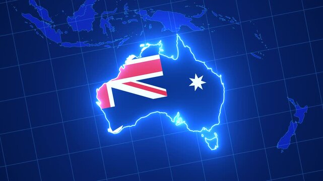 Australia filled with the national flag pattern animation, featuring glowing neon borders on a blue digital world grid background