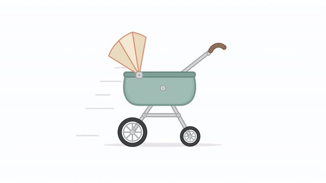 Minimalist illustration of a fast moving green baby stroller pram with speed lines on a white background for parenting and child care concepts