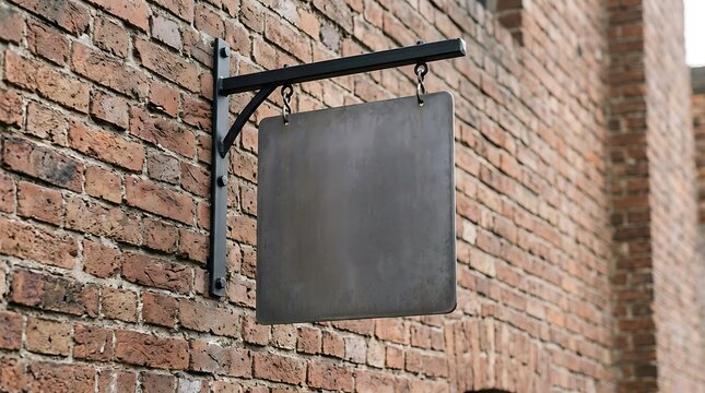 Blank square metal hanging sign mockup on a vintage red brick wall, industrial outdoor signage for shop or restaurant