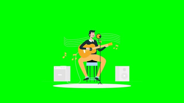 Animated man playing acoustic guitar and singing into microphone on green screen