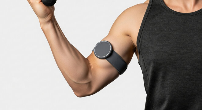 Person wearing a smart triceps engagement device during arm workout, capturing fitness data