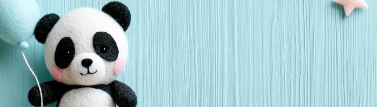 Cute panda plush holding a blue balloon, set against a light blue wooden background with a pink star decoration, kid celebration banner