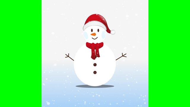 Cute animated snowman with santa hat and red scarf on green screen