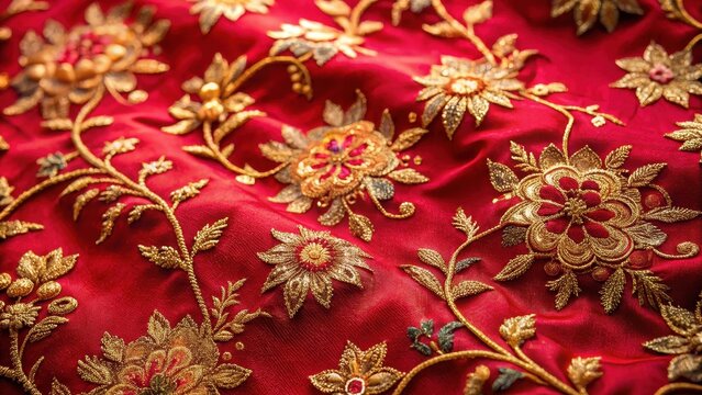 delicate red silk fabric with intricate floral patterns and golden thread embroidery , intricately designed, red silk fabric