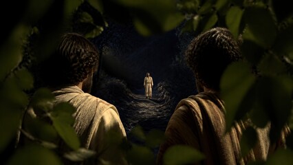 Fototapeta premium Two disciples follow Jesus standing on dark path at night among trees. Biblical scene of first meeting with Messiah. Faith, calling and gospel story from John. Christian concept for church and Easter