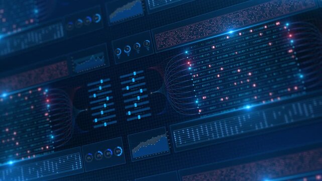 futuristic monitoring console combines, 3D percentage gauges, binary digits connection lines. data science presentations, corporate analytics promotions visual stories about information systems.