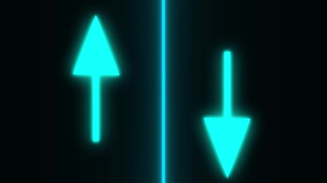 Turquoise up and down arrows animation moves with glowing neon lines. Directional user navigation telemetry routes the arrows animation. Dynamic interface selection moves these up and down arrows.