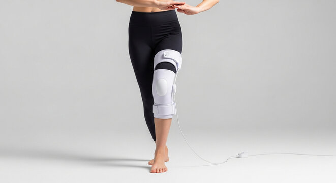 Woman wearing a white minimalist bio-feedback knee stabilizer brace for orthopedic support and rehabilitation