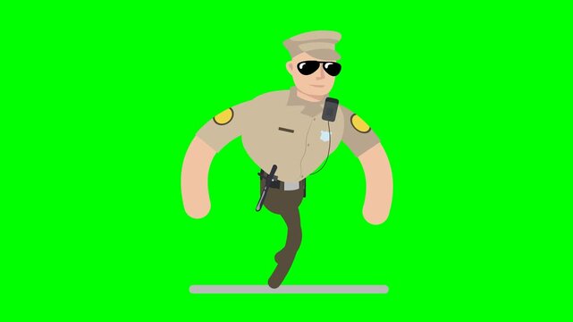 Animated police officer running towards camera on green screen