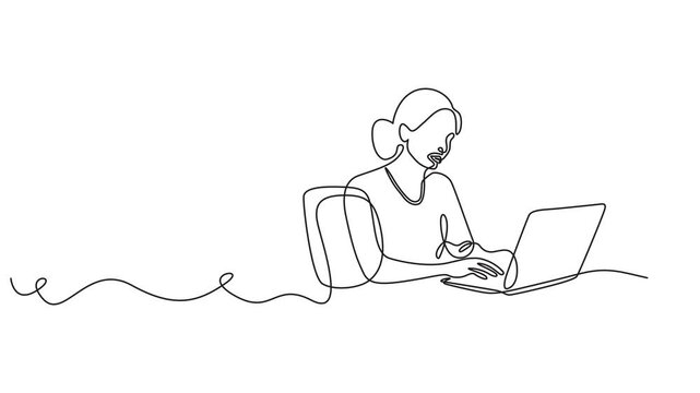continuous line woman working with laptop in office, Woman is playing a laptop. Teen browsing a laptop searching information online. Animated self drawing of single continuous line draw tired male emp