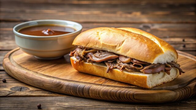 A juicy French Dip sandwich placed on a wooden cutting board next to a small ceramic bowl filled with au jus dipping sauce , delicious french dip, dipping sauce