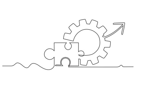 Continuous Line Drawing of a Puzzle Piece, Gear, and Upward Arrow Symbolizing Strategic Synergy, Problem Solving, and Business Optimization