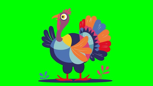 Colorful animated turkey character standing on green screen
