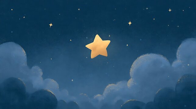 A glowing yellow star shines brightly amidst fluffy blue clouds in a whimsical night sky. Perfect for children&rsquo;s books, bedtime stories, or celestial graphic backgrounds.