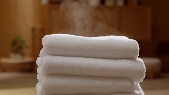 Static close shot of stacked white towels with rising steam in spa bathroom interior with soft warm lighting and blurred background