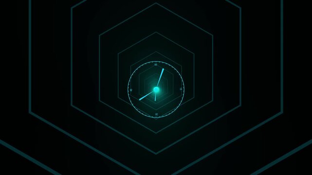 Hexagon outlines animation displays a central radar screen on dark. High tech cyber security defense borders shape the hexagon outlines. Modern surveillance telemetry powers these hexagon outlines.