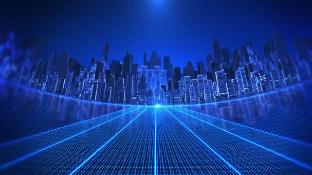 city of illuminated towers stands blue perspective grid bright linear paths curved patterns. virtual city showcases, connectivity presentations, 19 intros and videos urban networks innovation.