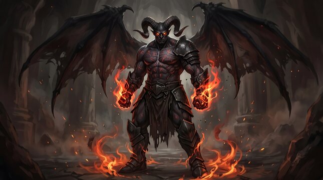 Powerful armored demon warrior with wings standing amidst swirling hellfire