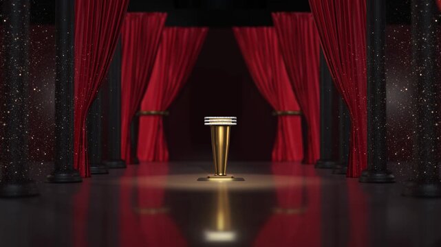 Rich red drapes frame a metallic presentation stand silver trim theatrical stage. ceremony announcements, premium brand reveals, formal event celebration titles featuring dramatic depth golden sparkle