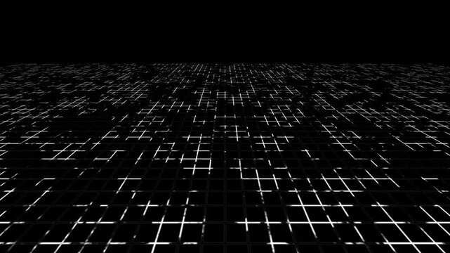 Digital grid of glowing white lines animation extends in perspective. Cyberspace matrix surface motion animates along the digital grid. Modern high tech copy space layouts use this digital grid.