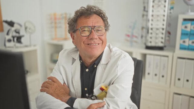 Man optician in white coat wearing glasses with arms crossed holding trial frame beside eye exam computer in clinic building; approachable care expertise.