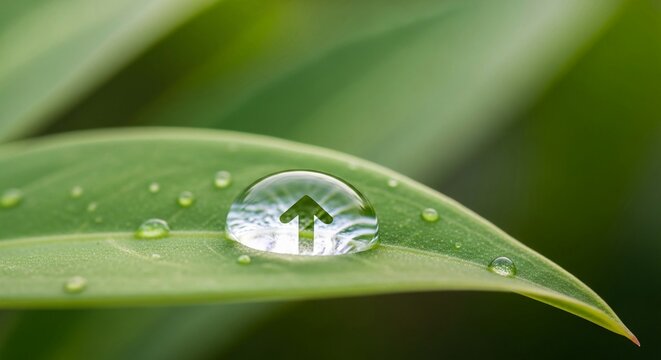 A single dewdrop reflecting an upward arrow rests on a vibrant green leaf, symbolizing growth and progress in nature.