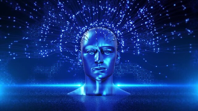 A polished face sits beneath a mesh of glowing points and fine connection lines setting. neural network explainers, intelligent automation innovation campaigns digital cognition concept presentations.
