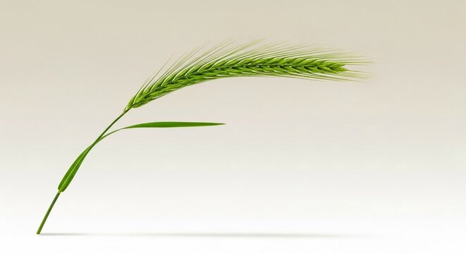 A single green wheat stalk with a delicate leaf isolated against a soft, neutral background