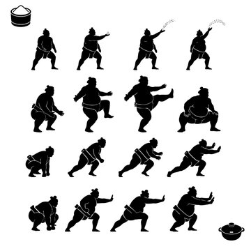 Sumo wrestler ritual and training motion silhouette collection
