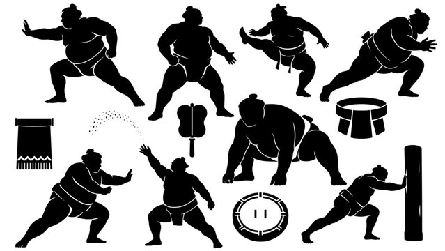 Sumo wrestler poses and traditional sumo equipment silhouette set
