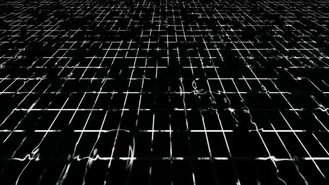 Distorted grid pattern animation displays curving white mesh lines. Abstract geometric surface warp animates across this grid pattern. Dynamic 3D visual effects fill the distorted grid pattern.