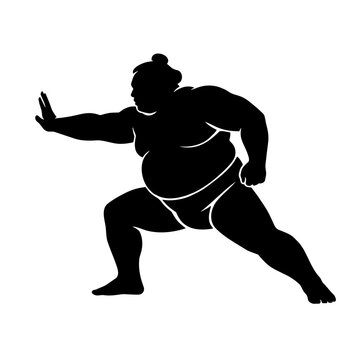 Sumo wrestler in powerful pushing attack stance silhouette
