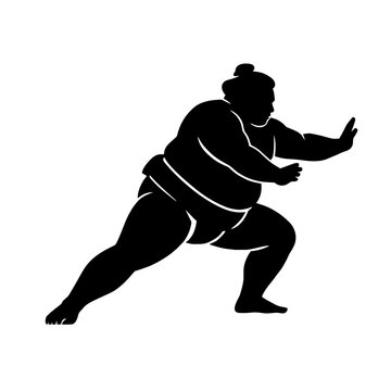 Sumo wrestler in powerful pushing attack stance silhouette

