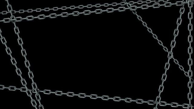 Overlapping metallic chains angular frame spacious black center, polished links and subtle reflections. bold title sequences, industrial branding, cinematic graphics and visual restraint strong bonds.