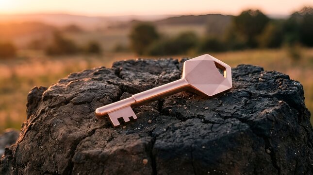 Vintage Copper Key, Geometric Metal Skeleton Key on Charcoal Log, Real Estate, Antique Security Lock, Bokeh Nature Landscape
