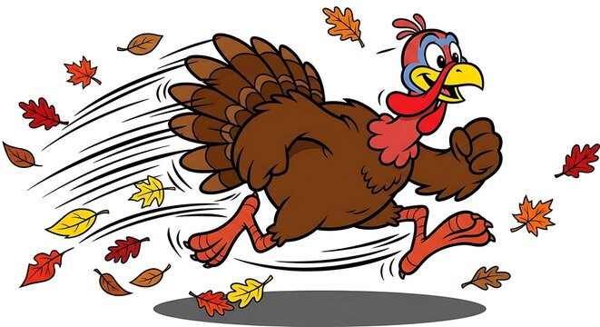 A funny cartoon turkey running fast through falling autumn leaves during the thanksgiving holiday season