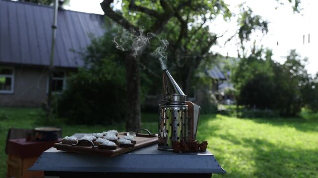 Metal beekeeping smoker releases smoke beside small bread pieces with white spread on a wooden tray, set outdoors against a sunlit green garden
