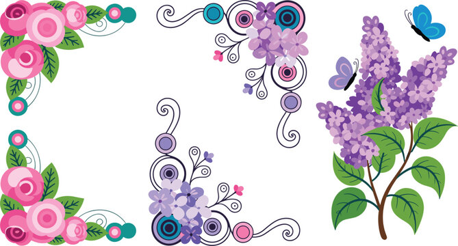 Floral corner borders set with pink roses, purple lilac flowers, blue swirls, and a butterfly on branch vector illustration