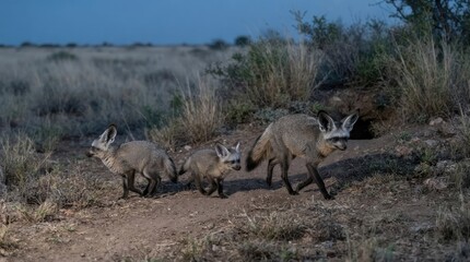 Fototapeta premium Bat-eared Fox Family in the Desert Dusk: A family of bat-eared foxes navigates the arid landscape as twilight descends, their large ears twitching, ears alert to the subtle sounds of the desert night.