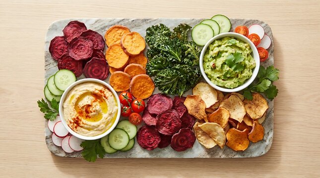 Fresh vegetable platter with hummus and dip on a stone board for healthy eating. chip platter ideas