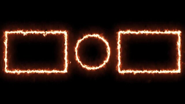 Fiery rectangles and circle frames animation glows with heat on dark. Blazing geometric flame borders outline these fiery rectangles. High temperature visual effects fill the fiery rectangles.