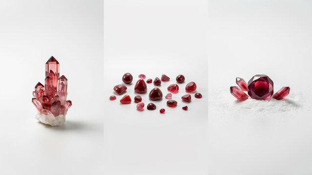 Small red garnet gemstones and crystal clusters arranged on a clean white surface background